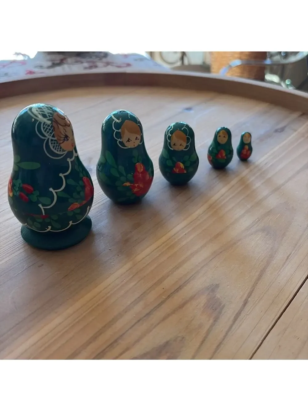 Vintage authentic Russian Green Matryoshka nesting Doll with Red Accents